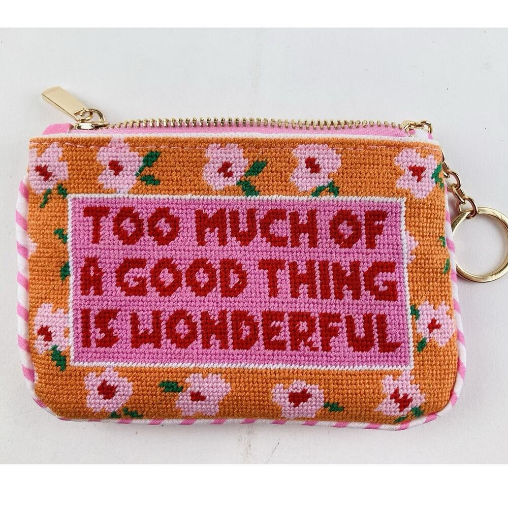 Needlepoint Coin Purse Bright Orange Lined Zip Pink Flowers Too Much Good Thing